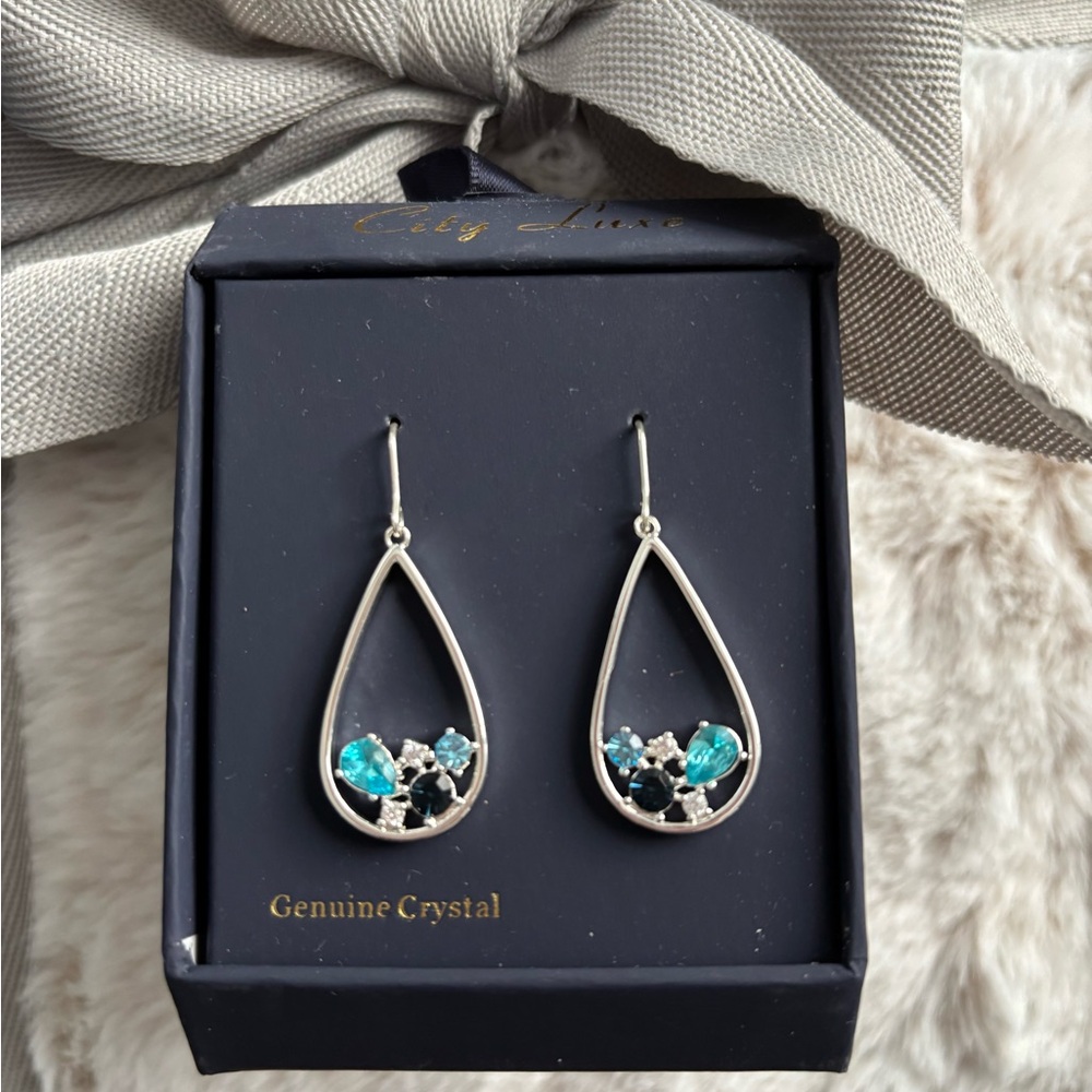 Elegant Silver and Teal Crystal Earrings